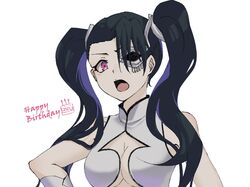  arrancar bare_shoulders black_hair bleach breasts closed_mouth commentary_request female forehead hair_over_one_eye happy_birthday light_blush loly_aivirrne long_bangs long_hair looking_at_viewer medium_breasts one_eye_covered open_mouth pink_eyes shirt simple_background sleeveless sleeveless_shirt solo sumire_1046 twintails upper_body v-shaped_eyebrows white_background white_shirt 