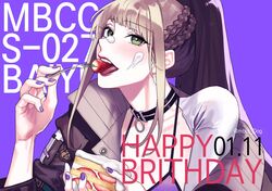  bai_yi_(path_to_nowhere) black_choker blush bra braid breasts cake cake_slice choker commentary_request dated dog_9uk eating english_commentary female food food_on_face fork french_braid fruit green_eyes grey_hair happy_birthday holding holding_cake holding_food holding_fork korean_commentary large_breasts long_hair looking_at_viewer open_mouth path_to_nowhere ponytail purple_background purple_bra purple_nails simple_background smile solo strawberry strawberry_shortcake tongue underwear upper_body 