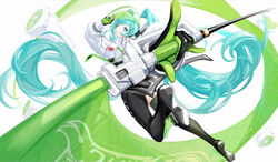  absurdly_long_hair aqua_eyes aqua_hair asukayou asymmetrical_clothes asymmetrical_legwear black_bodysuit black_footwear black_gloves black_thighhighs bodysuit bodysuit_under_clothes commentary covered_navel crop_top crop_top_overhang cropped_jacket dynamic_pose female flag floating_hair gloves goodsmile_racing green_gloves green_visor hatsune_miku headgear highres holding holding_flag jacket long_hair long_sleeves looking_at_viewer looking_back racing_miku racing_miku_(2022) sidelocks single_thighhigh solo thighhighs twintails two-tone_gloves very_long_hair visor_lift vocaloid white_background white_jacket 