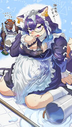  1boy animal_ear_piercing apron arm_support ball_and_chain_restraint barguest_(housamo) bear_boy black_footwear black_ribbon breasts bucket crossdressing crying female furry furry_female furry_male hekate_(housamo) highres holding holding_mop large_breasts long_sleeves maid mop open_mouth purple_eyes purple_hair ribbon socks sumi_wo_hakuneko tears tokyo_afterschool_summoners translation_request wet white_apron white_socks wiping_tears 