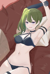  absurdres arm_up armpits arms_up black_bra black_choker black_panties blush bra breasts choker cleavage collarbone commentary couch elbow_gloves female gloves green_hair groin hair_between_eyes highres long_hair looking_at_viewer lying medium_breasts navel on_back panties penguin_sensei_(artist) pillow purple_eyes side_ponytail sidelocks single_elbow_glove smile solo sousou_no_frieren stomach thighs ubel_(sousou_no_frieren) underwear underwear_only 