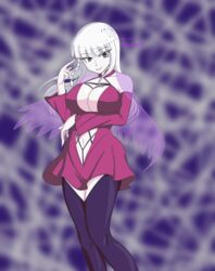  absurdres aranea_(kyuuketsuki_sugu_shinu) bare_shoulders black_thighhighs blunt_bangs blurry blurry_background breasts cleavage clothing_cutout dated detached_sleeves dress female highres kouma_bonmaid kyuuketsuki_sugu_shinu long_hair long_sleeves navel navel_cutout pink_dress puffy_long_sleeves puffy_sleeves smile solo spider_web_hair_ornament thighhighs white_hair 