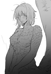  blush chimera commentary_request dog_9uk dungeon_meshi falin_touden falin_touden_(chimera) feathers female greyscale highres korean_commentary looking_at_viewer monochrome monster_girl parted_lips solo spoilers tail unusually_open_eyes 