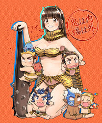  6+boys animal_print baby belt blue_skin blush breasts brown_eyes brown_hair chibi club_(weapon) colored_skin cone_horns cup facial_hair female goatee gouki_(housamo) grin highres horns houzouin_oniwaka ibaraki_(housamo) kneeling large_breasts long_sideburns mask multiple_boys mutton_chops navel oerba_yun_fang oni open_mouth pacifier protagonist_2_(housamo) red_skin sakazuki scarf shuten_douji_(housamo) sideburns smile sumi_wo_hakuneko takemaru_(housamo) tiger_print tohno_motosumi tokyo_afterschool_summoners topless_male translation_request weapon zenki_(housamo) 