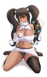  absurdres animal_ear_fluff animal_ears asymmetrical_legwear belt black_belt black_hair black_panties black_thighhighs breasts brown_eyes cat_ears cat_girl cat_tail cleavage cleavage_cutout closed_mouth clothing_cutout cropped_sweater dark-skinned_female dark_skin detached_sleeves female garter_straps gnort hair_between_eyes hair_ornament highres indie_virtual_youtuber kneehighs large_breasts long_hair mismatched_legwear navel panties ribbed_skirt ribbed_sleeves ribbed_sweater second-party_source single_garter_strap skirt socks solo sweater tail tail_ornament thighhighs trinity_(vtuber) twintails underwear virtual_youtuber white_skirt white_sleeves white_sweater 