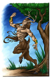  2002 abs antlers areola armor armpit_hair body_hair bracers brown_body brown_fur brown_hair celtic_mythology cernunnos deity european_mythology fur grass hair hooves horn humanoid humanoid_pointy_ears jewelry kytheraoa long_hair male muscular muscular_male mythology nipples pecs plant raised_arm satyr solo teeth tree watermark 