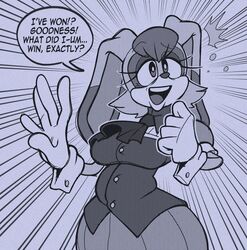  2024 anthro bottomwear breasts clothing dialogue english_text female galactabee gloves greyscale handwear hi_res lagomorph leporid mammal mature_female monochrome rabbit sega skirt solo sonic_the_hedgehog_(series) speech_bubble text vanilla_the_rabbit 