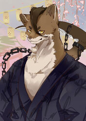  4_fingers absurd_res anthro ao_gravity asian_clothing asian_mythology blue_clothing blue_yukata brown_body brown_ears brown_fur brown_hair brown_inner_ear brown_nose chains cheek_tuft clothed clothing colored countershade_face countershade_fur countershade_neck countershade_torso countershading detailed_background digital_media_(artwork) east_asian_clothing east_asian_mythology facial_tuft fingers front_view fully_clothed fur genshin_impact hair half-length_portrait hi_res japanese_clothing japanese_mythology kamai_kenji kamaitachi kemono kusarigama lamp lantern looking_at_viewer male male_anthro mammal mihoyo monotone_hair multicolored_body multicolored_fur mustelid musteline mythology outside paper_lantern plant portrait pupils shaded short_hair sickle slit_pupils smile solo standing three-quarter_view tree true_musteline tuft two_tone_body two_tone_fur weasel whiskers white_body white_countershading white_fur yellow_eyes yokai yukata 