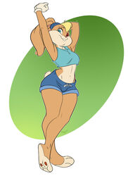  2022 3_toes anthro barefoot blue_hotpants bottomwear buckteeth clothing countershade_face countershade_feet countershade_neck countershade_torso countershading cropped_tank_top feet female fur gloves handwear hi_res hotpants lagomorph leporid lola_bunny looney_tunes mammal navel one_eye_closed orange_body orange_fur pawpads paws plantigrade ponytail_ears rabbit rayjay red_pawpads shirt shorts smile soles solo tan_body tan_countershading tank_top teal_clothing teal_eyes teal_shirt teal_tank_top teal_topwear teeth toes topwear warner_brothers white_clothing white_gloves white_handwear wink 