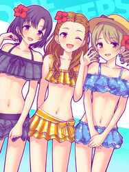  3girls bare_shoulders bikini bikini_skirt black_bikini black_hair black_ribbon blue_background blue_bikini blush braid breasts brown_eyes brown_hair collarbone cowboy_shot dot_nose drill_hair floral_print_bikini flower forehead hair_flower hair_ornament hand_up hat haua hibiscus highres idolmaster idolmaster_cinderella_girls idolmaster_cinderella_girls_starlight_stage long_hair looking_at_viewer morikubo_nono multiple_girls navel one_eye_closed open_hand open_mouth polka_dot polka_dot_background red_eyes red_flower ribbon seki_hiromi shiragiku_hotaru short_hair small_breasts smile standing straw_hat swimsuit v_arms wavy_hair yellow_bikini 