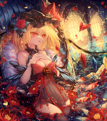  absurdres black_dress black_hat blonde_hair bow breast_suppress breasts butterfly_dress cleavage crystal_wings dress dress_bow female flandre_scarlet hat highres md5_mismatch medium_breasts mob_cap open_mouth red_eyes seelehan sleeveless sleeveless_dress slit_pupils solo touhou vampire wading 