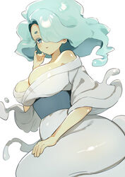  absurdres aqua_eyes aqua_hair bare_shoulders breasts cleavage en&#039;enra enraenra_(youkai_watch) female hair_over_one_eye highres japanese_clothes kimono kmnk_(kumanuko) large_breasts long_hair looking_at_viewer monster_girl off_shoulder simple_background solo traditional_youkai white_background youkai_(youkai_watch) youkai_watch 