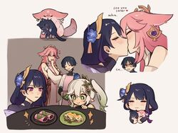  1boy 3girls animal_ears animal_hug animalization blush cat_ears cat_tail chibi closed_eyes closed_mouth commentary cross-shaped_pupils english_commentary english_text flower food fox_ears fox_tail genshin_impact gradient_hair green_eyes hair_between_eyes hair_flower hair_ornament heart japanese_clothes kimono kissing leaf_hair_ornament long_hair mole mole_under_eye multicolored_hair multiple_girls nahida_(genshin_impact) nonons person_and_animalization pink_hair pointy_ears purple_eyes purple_hair purple_kimono raiden_shogun scaramouche_(cat)_(genshin_impact) scaramouche_(genshin_impact) side_ponytail sidelocks simple_background smile symbol-shaped_pupils tail wanderer_(genshin_impact) white_hair yae_miko yae_miko_(fox) yuri 