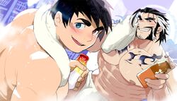  2boys abs absol_(dkqthf) arima_mineaki bara black_hair blue_eyes blush bottle daikoku_(housamo) facial_hair heterochromia holding holding_bottle holding_towel large_pectorals long_sideburns looking_at_viewer male_focus multicolored_hair multiple_boys muscular muscular_male navel nipples one_eye_closed open_mouth pectorals red_eyes scar scar_on_cheek scar_on_face short_hair sideburns smile teeth tokyo_afterschool_summoners towel towel_around_neck towel_around_waist two-tone_hair white_hair 