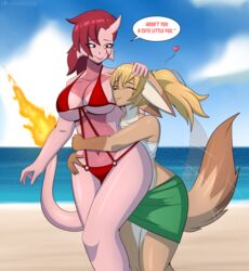  2024 amphibian anthro beach blonde_hair breast_squish breasts canid canine cel_shading clothed clothing curvy_figure digital_media_(artwork) duo english_text female fennec_fox fire flaming_tail flyingtrace fox fur glistening glistening_body hair head_pat heart_symbol hi_res horn hug mammal multicolored_body multicolored_fur mythological_creature mythological_salamander mythological_scalie mythology navel outside pink_body salamander sambal scalie shaded signature sky speech_bubble squish swimwear tail text true_fox url voluptuous water yazz_(flyingtrace) 