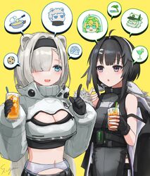  2girls 9kugai ahoge animal_ears arknights aurora_(arknights) bare_shoulders bear_boy bear_ears bear_girl black_gloves black_hair black_shirt black_shorts blonde_hair blue_eyes breasts character_request chocolate_chip_cookie cleavage cleavage_cutout clothing_cutout coat coat_on_shoulders cocktail_glass commentary_request cookie crop_top cup dog_boy drink drinking_glass drinking_straw facing_viewer fingerless_gloves fondue_au_fromage food gloves grey_hair hair_intakes hair_ornament hair_over_one_eye hair_ribbon hairband hairclip hands_up highres holding holding_cup holding_drink hood hood_up ice index_finger_raised jacket la_pluma_(arknights) long_sleeves looking_at_another midriff mountain multiple_girls navel ocean palm_tree pancho_salas_(arknights) purple_eyes ribbon shirt shorts signature simple_background sleeveless sleeveless_shirt speech_bubble tequila_(arknights) tree upper_body white_hairband white_jacket white_ribbon yellow_background 