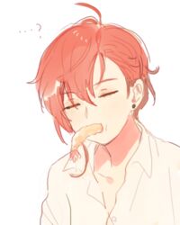  1boy closed_eyes commentary_request earrings food food_in_mouth jewelry korean_commentary kuzuvine lord_(lord_of_heroes) lord_of_heroes male_focus male_lord_(lord_of_heroes) red_hair shrimp stud_earrings white_background white_hair 