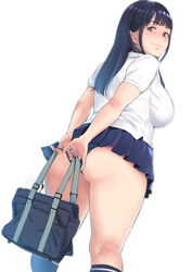  arms_behind_back ass bag bifidus black_eyes black_hair black_panties breasts commentary_request female from_behind from_below highres kneehighs large_breasts looking_back microskirt original panties pleated_skirt school_bag school_uniform skirt socks solo underwear 