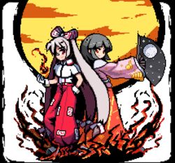  2girls adapted_costume baggy_pants bandaid bandaid_on_face bandaid_on_nose black_hair blunt_bangs border bow capelet closed_mouth collared_shirt commentary_request fire folding_fan fujiwara_no_mokou full_body glove_cuffs gloves grey_hair hairbow hand_fan hand_in_pocket hand_up hime_cut holding holding_fan houraisan_kaguya japanese_clothes long_hair long_skirt long_sleeves looking_at_viewer lowres moon multiple_girls ofuda ofuda_on_clothes outstretched_arm pants pink_shirt pixel_art red_eyes red_pants red_skirt sash shirt skirt sleeves_past_wrists smile standing star_(symbol) star_print suspenders the_hammer touhou transparent_background very_long_hair white_bow white_capelet white_gloves white_shirt wide_sleeves 