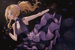  armpits bad_id bad_pixiv_id black_gloves blonde_hair commentary_request dress earrings female flower gloves hair_flower hair_ornament holding holding_microphone idolmaster idolmaster_cinderella_girls idolmaster_cinderella_girls_starlight_stage jewelry kakaki_28 kiryu_tsukasa_(idolmaster) long_hair microphone music petals photoshop_(medium) ponytail purple_dress purple_eyes singing sleeveless sleeveless_dress solo 