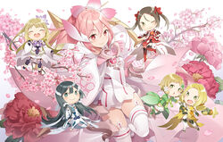  6+girls black_hair blonde_hair boots brown_hair camellia cherry_blossoms chibi clenched_hands closed_eyes commentary_request flower green_eyes hair_between_eyes hair_flower hair_ornament hands_on_own_knees inubouzaki_fuu inubouzaki_itsuki leg_up long_hair looking_at_viewer magical_girl mankai miyoshi_karin multiple_girls nogi_sonoko open_mouth petals pink_hair ponytail red_eyes rie_(reverie) short_hair smile thigh_boots thighhighs tougou_mimori twintails wide_sleeves yuuki_yuuna yuuki_yuuna_wa_yuusha_de_aru yuusha_de_aru 