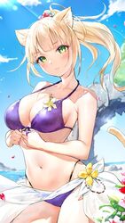  animal_ears bare_arms bare_shoulders bikini blonde_hair blurry breasts cameltoe cat_ears cat_girl cat_tail cleavage closed_mouth collarbone cowboy_shot day depth_of_field female flower front-tie_bikini_top front-tie_top green_eyes hair_flower hair_ornament halterneck highleg highleg_bikini highres large_breasts long_hair looking_at_viewer navel original outdoors ponytail purple_bikini sarong sky solo stomach string_bikini sunlight swimsuit tail takeashiro thighs yellow_flower 