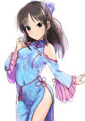  bare_shoulders blue_dress bow braid breasts brown_eyes brown_hair china_dress chinese_clothes commentary_request dress female french_braid hairbow idolmaster idolmaster_cinderella_girls long_hair long_sleeves looking_at_viewer outstretched_arm sidelocks simple_background small_breasts solo sousakubito swept_bangs tachibana_arisu white_background 