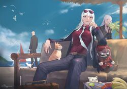  1boy 3girls :o agent_47 ak-12_(girls&#039;_frontline) ak-12_(lucia)_(girls&#039;_frontline) ak-15_(erwin)_(girls&#039;_frontline) ak-15_(girls&#039;_frontline) animal artificial_eye artificial_eyes artist_name banana beach beach_umbrella belt beret bird black_jacket black_pants blue_sky breasts brown_belt brown_hair business_suit case chinese_commentary closed_mouth commentary couch eyewear_on_head feet_out_of_frame feline female_commander_(girls&#039;_frontline) fish food formal fruit gblamgo girls&#039;_frontline griffin_&amp;_kryuger_military_uniform hand_on_own_cheek hand_on_own_face hat highres hitman_(game) holding holding_animal holding_fish id_card jacket lips long_hair long_sleeves looking_at_viewer mechanical_eye medium_breasts multiple_girls necktie official_alternate_costume official_style open_clothes open_jacket open_mouth outdoors pants ponytail purple_eyes red_necktie red_shirt shirt sidelocks sitting sky smile standing suit sunglasses table umbrella unusually_open_eyes white_hair white_necktie white_shirt 