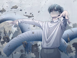  1boy 702_96 animal blue_eyes closed_mouth commentary debris dust dust_cloud facial_mark fingernails floating giant_snake grey_hair highres limited_palette male_focus original oversized_animal shirt_tucked_in signature smile snake telekinesis white_snake 