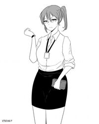  arm_up commentary english_commentary female frown glasses greyscale id_card kaga_(kancolle) kantai_collection lanyard looking_at_viewer monochrome office_lady scowl shirt side_ponytail signature simple_background skirt solo standing wangphing watch white_background wristwatch 