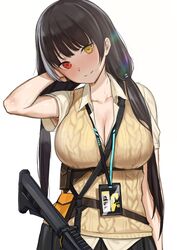  absurdres armpit_peek black_hair black_skirt blush breasts collarbone collared_shirt colt_9mm_smg commentary_request cowboy_shot duplicate female girls&#039;_frontline gun gun_sling hand_in_own_hair heterochromia highres kuro_(zhurunbo1997) large_breasts long_hair looking_at_viewer multicolored_eyes multicolored_hair nose pixel-perfect_duplicate ro635_(girls&#039;_frontline) shirt simple_background skirt smile streaked_hair submachine_gun sun_glare sweat sweater sweater_vest tsurime twintails weapon white_background 