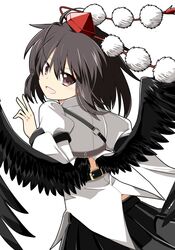  absurdres back_cutout belt black_hair brown_eyes clothing_cutout female hat highres long_sleeves looking_back open_mouth pleated_skirt pom_pom_(clothes) red_hat rise_(rise19851203) shameimaru_aya simple_background skirt solo tokin_hat touhou white_background wings 