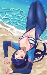  absurdres beach bikini blue_hair blush bodysuit breasts chaso_(480) collarbone diving_suit female front-tie_bikini_top front-tie_top highres long_hair love_live! love_live!_sunshine!! matsuura_kanan navel ocean open_bodysuit open_clothes open_mouth open_wetsuit ponytail purple_eyes solo swimsuit unzipped wetsuit 