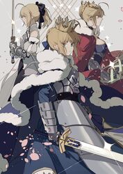  3girls ahoge armor armored_dress artoria_pendragon_(fate) artoria_pendragon_(lancer)_(fate) bare_shoulders black_bow blonde_hair bow braid breasts caliburn_(fate) cape cherry_blossoms crown detached_sleeves excalibur_(fate/stay_night) falling_petals fate/grand_order fate/stay_night fate/unlimited_codes fate_(series) french_braid from_side fur-trimmed_cape fur_trim gauntlets green_eyes hair_between_eyes highres holding holding_sword holding_weapon lance large_breasts looking_at_viewer multiple_girls petals polearm ponytail rhongomyniad_(fate) saber_(fate) saber_lily sideboob sidelocks sword weapon zhibuji_loom 