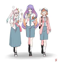  +++ 3girls airani_iofifteen alternate_costume annoyed area_15 ayunda_risu backpack bag baseball_cap blonde_hair blue_necktie blue_skirt brown_hair bubble_tea cardigan cellphone clenched_hands closed_eyes commentary cup disposable_cup gradient_hair hair_bun hat highres holding holding_cup holding_phone hololive hololive_indonesia indonesian_high_school_uniform long_hair long_skirt moona_hoshinova multicolored_hair multiple_girls necktie oji_(8thernal) open_mouth phone purple_eyes purple_hair school_uniform side_ponytail single_hair_bun skirt smartphone very_long_hair virtual_youtuber walking white_background 