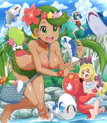  &gt;_&lt; 3girls absurdres alternate_costume bag barefoot bikini bikini_pull blonde_hair blue_eyes blue_hair body_blush breasts celesteela cleavage closed_eyes clothes_pull cloud commentary_request dark-skinned_female dark_skin day eyewear_on_head fish fishing fishing_rod flower green_eyes green_hair green_headband hair_flower hair_ornament headband highres holding holding_fishing_rod holding_pokemon in_bag in_container knees lana_(pokemon) leg_up lillie_(pokemon) long_hair mallow_(pokemon) multiple_girls mushroom navel octillery on_head one-piece_swimsuit open_clothes open_mouth open_vest outdoors pink_bikini pink_flower pokemoa pokemon pokemon_(anime) pokemon_(creature) pokemon_on_head pokemon_sm_(anime) pyukumuku raised_eyebrows rock sandals sharpedo shaymin shaymin_(land) shiny_skin short_hair shoulder_bag sky standing sunglasses swept_bangs swimsuit teeth toes tongue twintails upper_teeth_only vest wading water water_drop wishiwashi wishiwashi_(solo) 