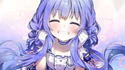  blue_bow blush bow choker closed_eyes collarbone commentary_request dress female flat_chest from_above gradient_background grin hairbow hand_in_own_hair heart highres holding holding_own_hair long_hair nijisanji official_alternate_costume pink_ribbon purple_hair ribbon simple_background smile solo syuri22 upper_body virtual_youtuber white_dress wrist_cuffs yuuki_chihiro yuuki_chihiro_(8th_costume) 