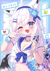  ;d absurdres ahoge alternate_costume animal_ear_fluff animal_ears bag blue_choker blue_flower blue_hairband blue_nails blue_sailor_collar braid breasts choker cleavage collarbone commentary_request female flower fox_ears fox_girl fox_tail hair_between_eyes hair_flower hair_ornament hairband hairclip hands_up heart highres hololive jewelry la+_darknesss long_hair looking_at_viewer masaki_(msk064) medium_breasts nail_polish nakiri_ayame navel nekomata_okayu one_eye_closed ookami_mio puffy_short_sleeves puffy_sleeves ring sailor_collar sakamata_chloe sakura_miko shirakami_fubuki short_sleeves smile solo spoken_heart spoken_thumbs_up star_(symbol) tail translation_request very_long_hair virtual_youtuber white_hair x_hair_ornament 