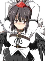  arms_up belt black_hair black_ribbon black_skirt blush bound breasts brown_eyes chains collar female hat highres neck_ribbon pleated_skirt pom_pom_(clothes) red_hat ribbon rise_(rise19851203) shameimaru_aya simple_background skirt solo tokin_hat touhou white_background wings 