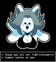  anthro anthrofied beady_eyes bedroom_eyes big_breasts bra breasts canid canine cleavage clothed clothing dongitos dot_eyes felid feline female fur grey_hair hair hand_behind_head hybrid mammal narrowed_eyes open_mouth open_smile rosy_cheeks seductive smile smirk solo tem temmie_(undertale) text tumblr undertale undertale_(series) underwear white_body white_fur 