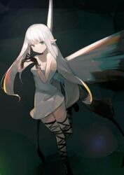  absurdres airy_(bravely_default) bare_shoulders black_background black_gloves black_thighhighs bravely_default:_flying_fairy bravely_default_(series) butterfly_wings dress fairy female fingers_together gloves green_eyes highres insect_wings leg_up long_hair looking_at_viewer pointy_ears short_dress simple_background solo standing standing_on_one_leg strapless strapless_dress thighhighs thighs tsunodriller white_dress white_hair wings 