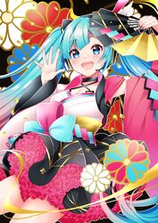  absurdres aqua_eyes aqua_hair asymmetrical_sleeves black_skirt commentary confetti cowboy_shot criss-cross_halter female floral_background folding_fan frilled_skirt frills halterneck hand_fan hands_up hatsune_miku headset highres holding holding_fan japanese_clothes kimono long_hair looking_at_viewer magical_mirai_(vocaloid) magical_mirai_miku magical_mirai_miku_(2020_summer) masumofu mismatched_sleeves open_mouth petticoat skirt smile solo twintails very_long_hair vocaloid waving yukata 