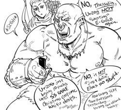  1boy arrow_(projectile) bad_id bb_(baalbuddy) bow_(weapon) cellphone closed_mouth earrings elf english_text fangs female gacha greyscale highres holding holding_phone inactive_account jewelry monochrome nose_piercing nose_ring open_mouth orc original otaku parody phone piercing pointy_ears quiver sigh smartphone weapon 