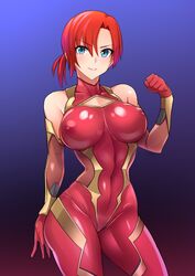  &gt;:) alternate_costume asymmetrical_bangs baron_(nsbaron) blue_eyes blush bodysuit boudica_(fate) breasts clenched_hand closed_mouth contrapposto covered_navel covered_nipples cowboy_shot fate/grand_order fate_(series) female gloves gradient_background highres impossible_clothes impossible_leotard large_breasts leotard multicolored_background narrow_waist red_bodysuit red_gloves red_hair short_hair short_ponytail skin_tight smile solo taimanin_(series) taimanin_suit v-shaped_eyebrows 