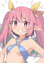  bare_arms bare_shoulders blush breasts chinese_commentary collarbone commentary_request fairy fairy_wings female grin hair_ribbon long_hair looking_at_viewer o-ring o-ring_top pink_eyes pink_hair pointy_ears rabi-ribi ribbon ribbon_(rabi-ribi) saiste simple_background small_breasts smile smug solo teeth twintails upper_body white_background wings yellow_ribbon 