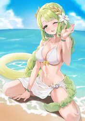  ;d absurdres afk_arena bare_arms bare_shoulders beach bikini braid breasts cleavage collarbone day female flora_(afk_arena) flower front-tie_bikini_top front-tie_top green_eyes green_hair hair_flower hair_ornament hand_up highres innertube large_breasts long_hair looking_at_viewer navel one_eye_closed open_mouth outdoors sarong single_braid sitting smile solo stomach string_bikini swim_ring swimsuit thighs very_long_hair wariza water white_bikini yan.c 