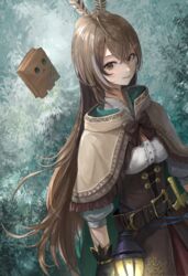  absurdres belt brown_capelet brown_cloak brown_corset brown_eyes brown_hair cape capelet chan1moon cloak commentary corset dagger feather_hair_ornament feathers female forest friend_(nanashi_mumei) gloves hair_ornament hieroglyphics highres hololive hololive_english knife lantern leaf long_hair looking_at_viewer multicolored_hair nanashi_mumei nanashi_mumei_(1st_costume) nature ponytail red_skirt ribbon shirt skirt smile solo streaked_hair tree very_long_hair virtual_youtuber weapon white_shirt 