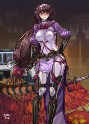  absurdres arm_guards armor black_gloves black_hair bodysuit breasts brown_hair cosplay covered_navel fate/grand_order fate_(series) female fingerless_gloves glasses gloves gradient_hair highres japanese_armor kote large_breasts loincloth long_hair low-tied_long_hair minamoto_no_raikou_(fate) minamoto_no_raikou_(fate)_(cosplay) multicolored_hair osakabehime_(fate) purple_bodysuit purple_eyes ribbed_sleeves rope smile solo standing suneate tabard torakun14 very_long_hair 