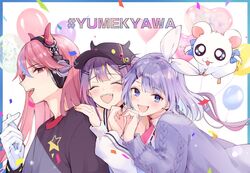  3girls ^_^ balloon baseball_cap bibi_(tokoyami_towa) black_eyes black_headwear black_shirt blue_eyes blue_hair bow cardigan closed_eyes crazy_raccoon fangs finger_heart gloves hairbow hamster hamtaro_(series) hat headphones heart heart_balloon heart_hands heart_hands_duo hololive horns imo_norio jacket long_hair multicolored_hair multiple_girls nijisanji nijisanji_kr nun_bora nun_bora_(2nd_costume) pink_eyes pink_hair purple_cardigan purple_hair ribbon_(hamtaro) selly55 shirt streaked_hair tokoyami_towa tongue tongue_out twintails virtual_youtuber white_bow white_gloves white_jacket 