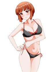  black_bra black_panties blush bow bow_bra bra breasts brown_eyes brown_hair cleavage closed_mouth commentary cowboy_shot female girls_und_panzer gomi_ningen_(81848656) groin highres light_frown looking_at_viewer medium_breasts navel nishizumi_miho panties short_hair side-tie_panties simple_background solo standing tying underwear underwear_only untied_panties white_background 